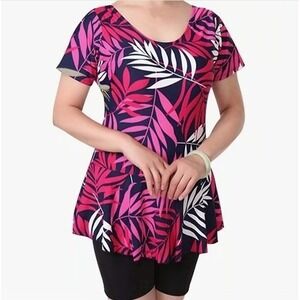 NEW Knapor Swimsuit Dress Shorts Pink‎ Tropical Peplum Short Sleeve M L 10 12